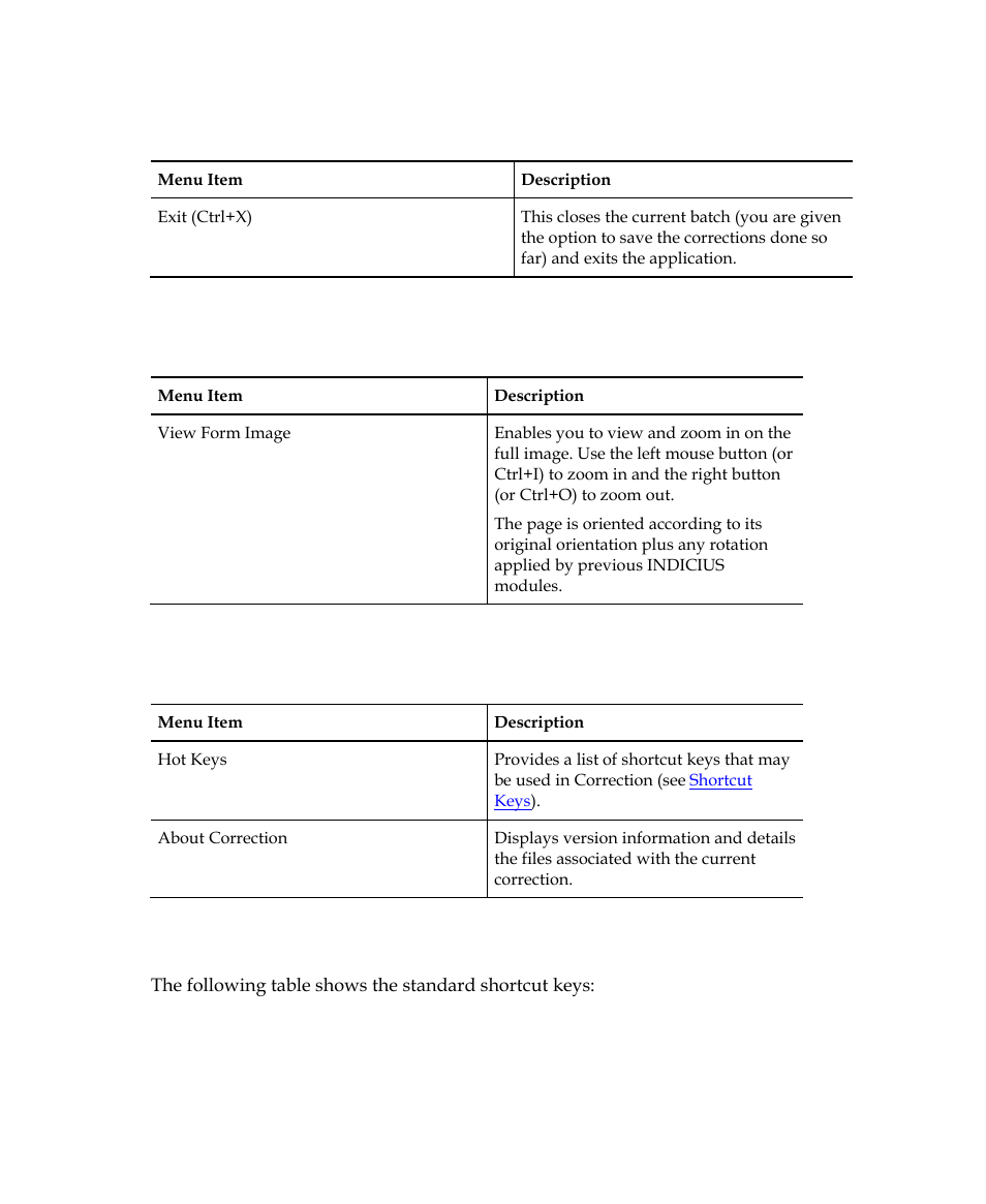 Form menu, Help menu, Shortcut keys | Kofax INDICIUS 6.0 User Manual | Page 66 / 120