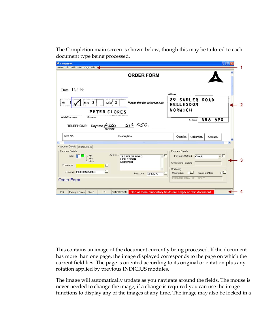 Window layout, Image area | Kofax INDICIUS 6.0 User Manual | Page 73 / 120
