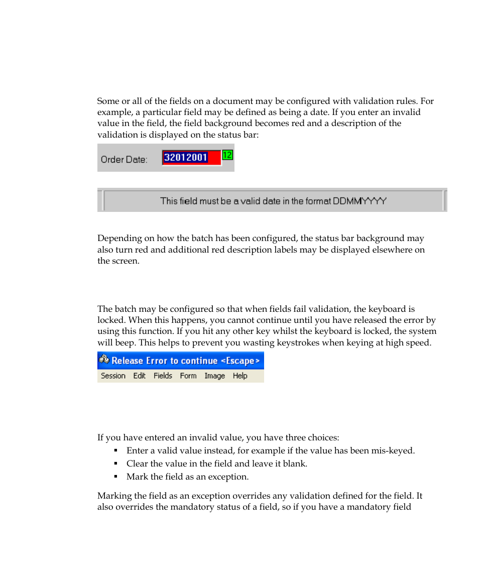 Field validations, Release error [escape, Field exception [f7 | Kofax INDICIUS 6.0 User Manual | Page 93 / 120