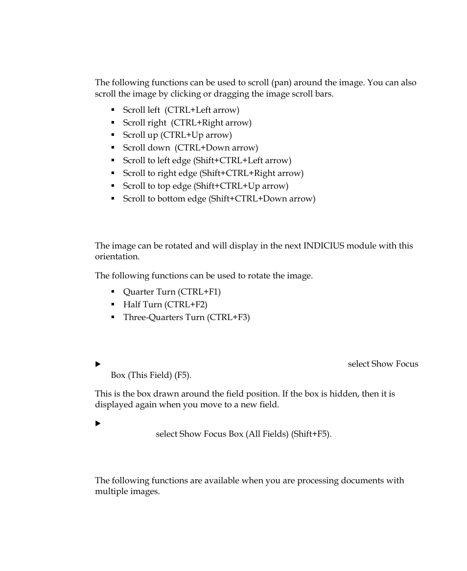 Scroll functions, Rotate functions, Focus box functions | Multiple image functions | Kofax INDICIUS 6.0 User Manual | Page 97 / 120