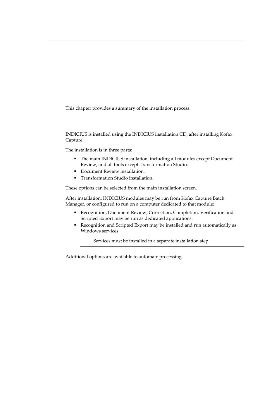 Overview, Chapter 1, Introduction | How is indicius installed | Kofax INDICIUS 6.1 User Manual | Page 11 / 46