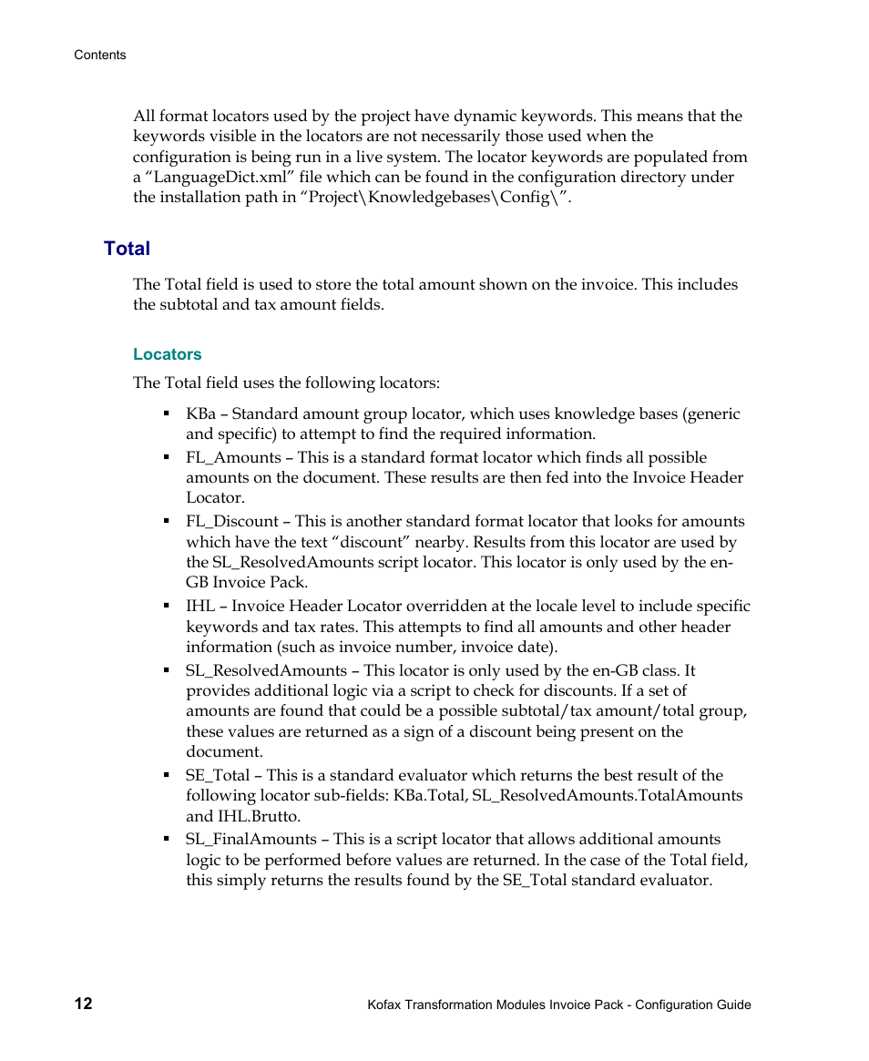 Total, Locators | Kofax Transformation Modules Invoice Pack 1.0 User Manual | Page 12 / 26