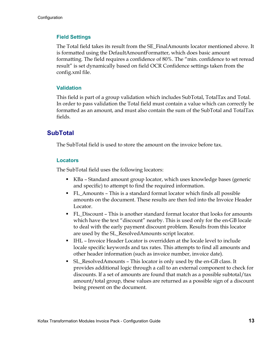 Field settings, Validation, Subtotal | Locators | Kofax Transformation Modules Invoice Pack 1.0 User Manual | Page 13 / 26