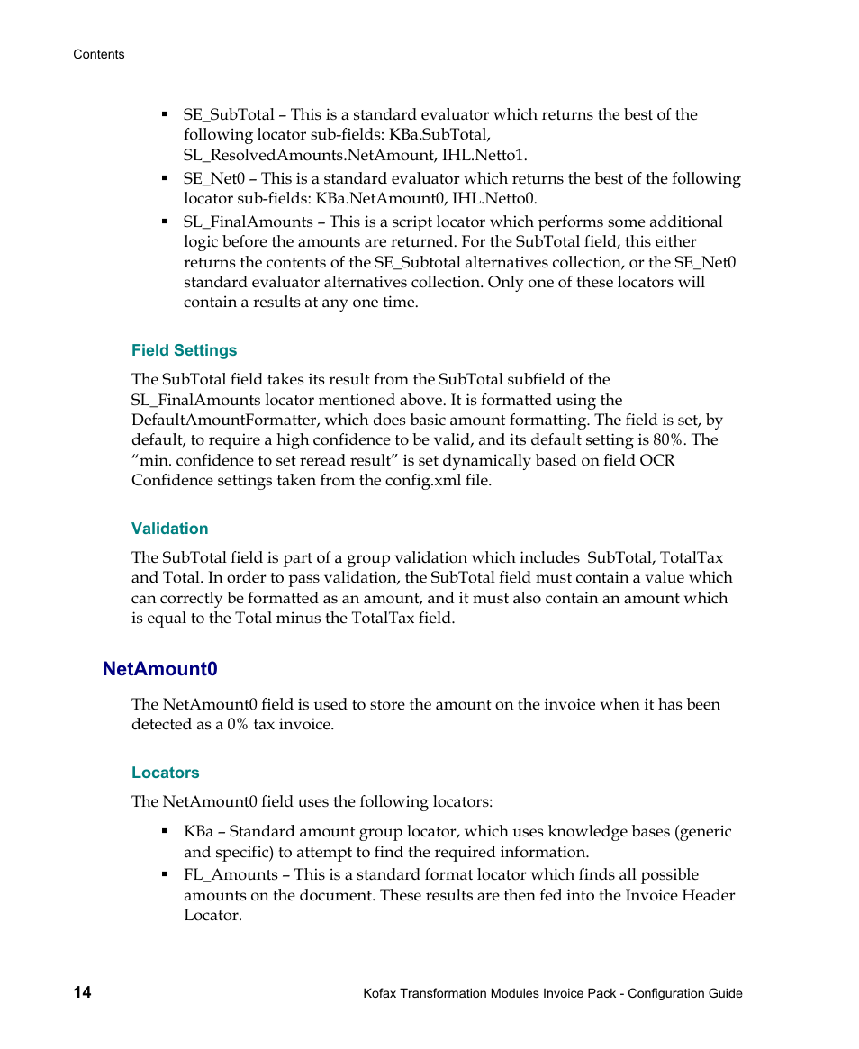 Field settings, Validation, Netamount0 | Locators | Kofax Transformation Modules Invoice Pack 1.0 User Manual | Page 14 / 26