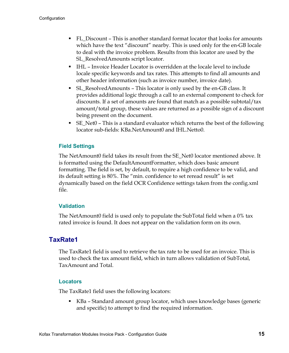 Field settings, Validation, Taxrate1 | Locators | Kofax Transformation Modules Invoice Pack 1.0 User Manual | Page 15 / 26