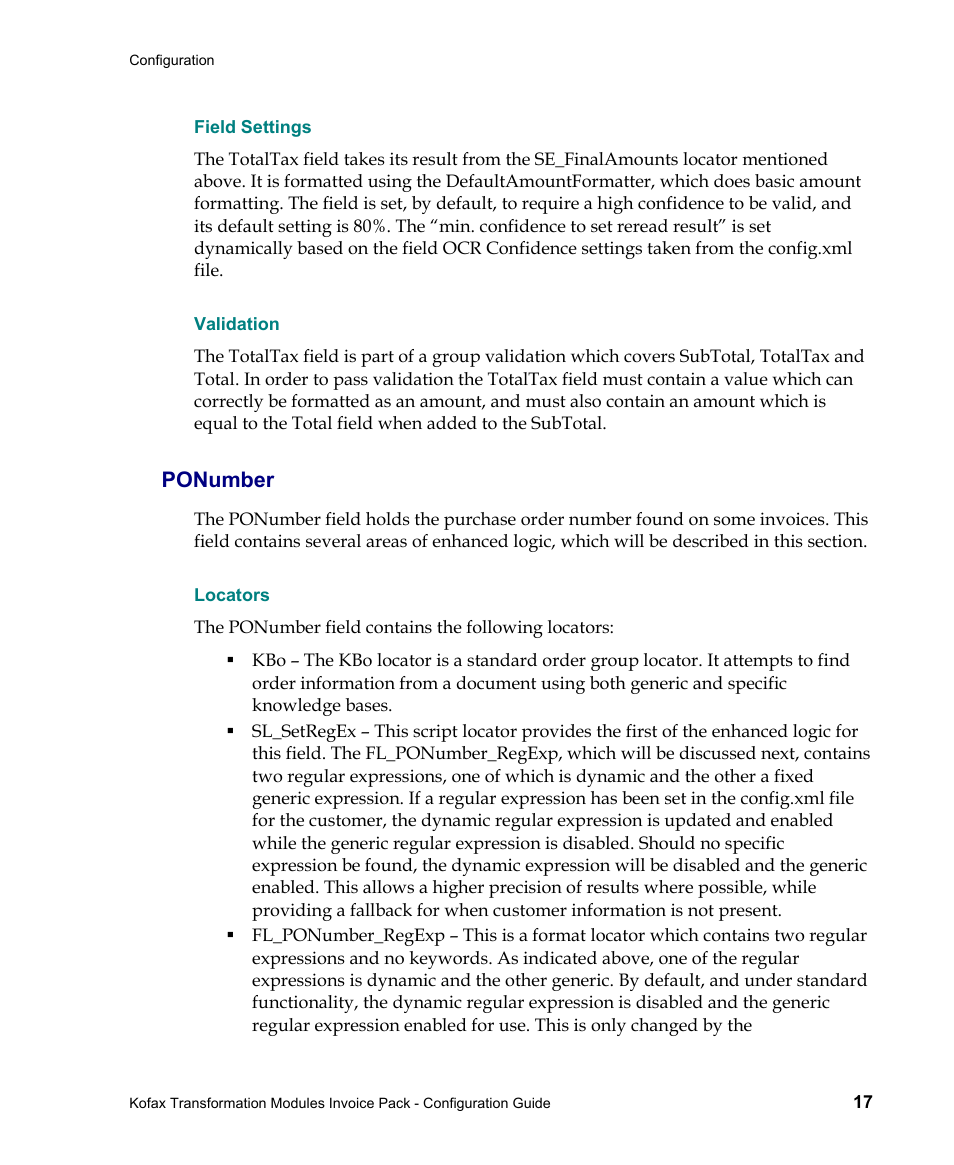 Field settings, Validation, Ponumber | Locators | Kofax Transformation Modules Invoice Pack 1.0 User Manual | Page 17 / 26
