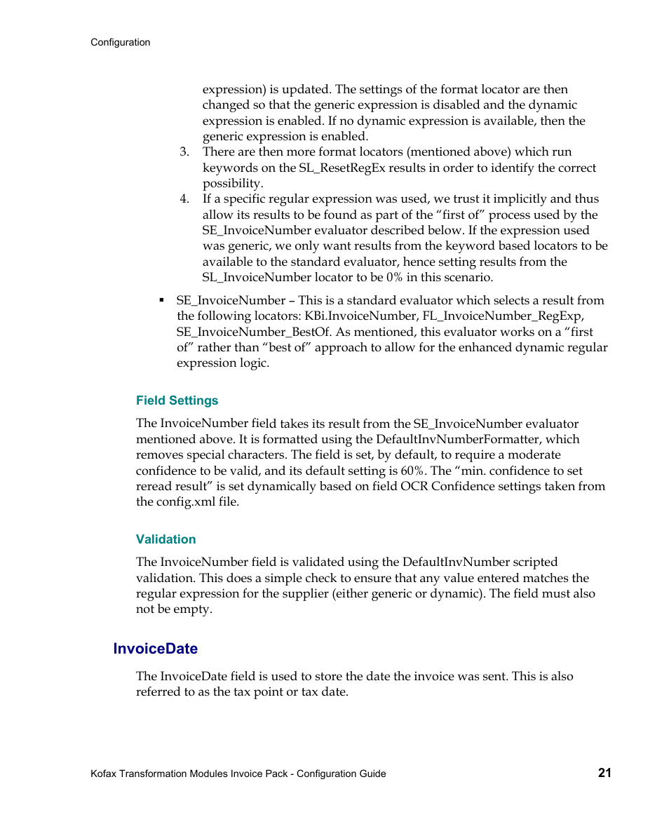 Field settings, Validation, Invoicedate | Kofax Transformation Modules Invoice Pack 1.0 User Manual | Page 21 / 26