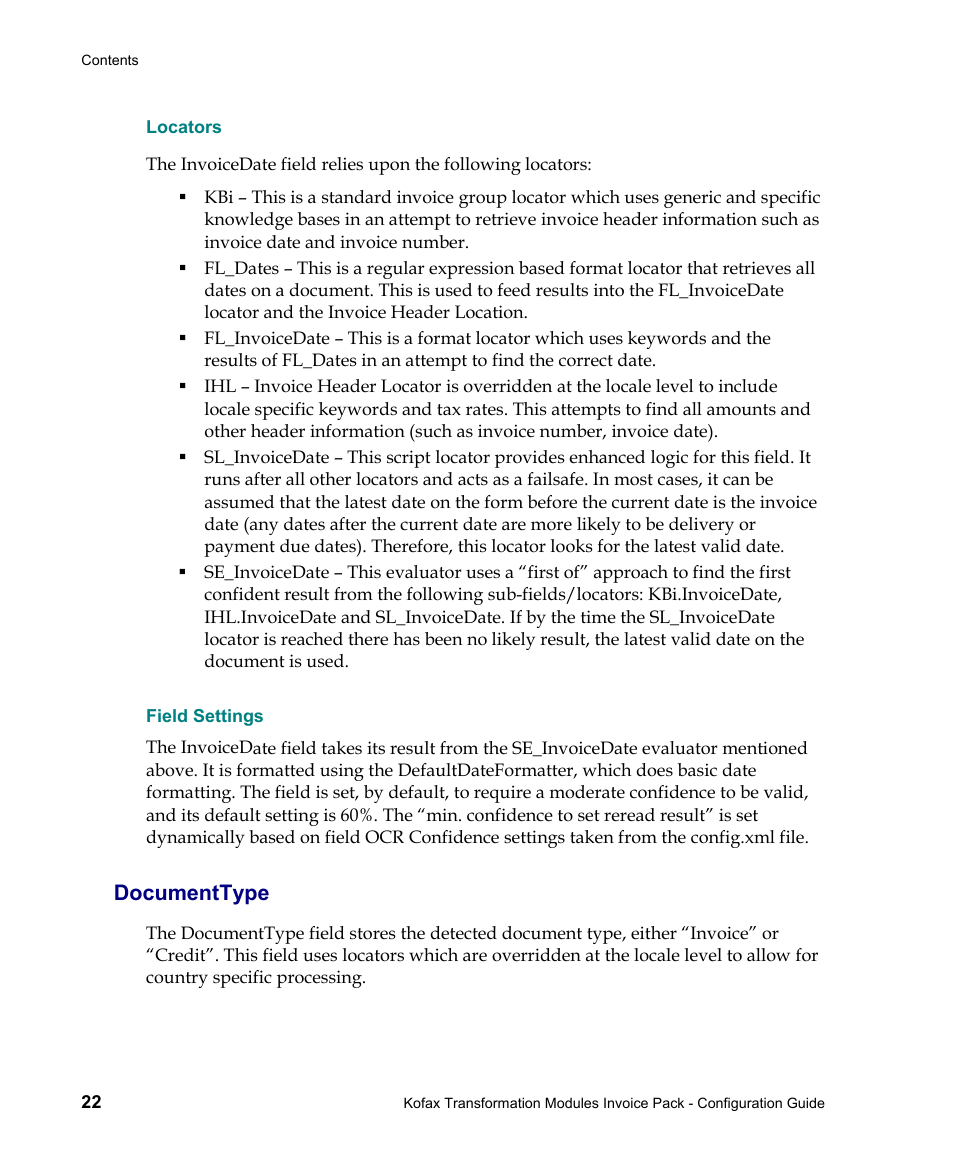 Locators, Field settings, Documenttype | Kofax Transformation Modules Invoice Pack 1.0 User Manual | Page 22 / 26