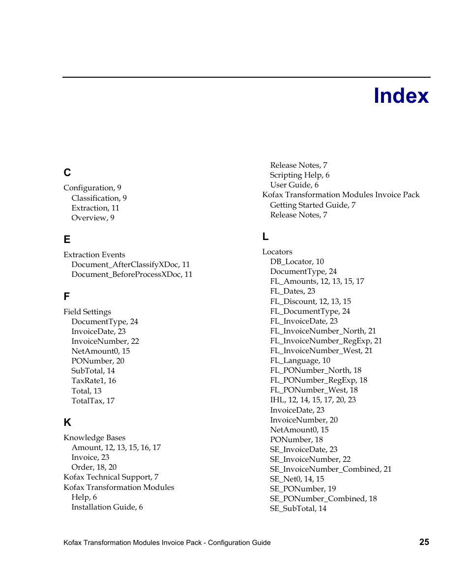Index | Kofax Transformation Modules Invoice Pack 1.0 User Manual | Page 25 / 26