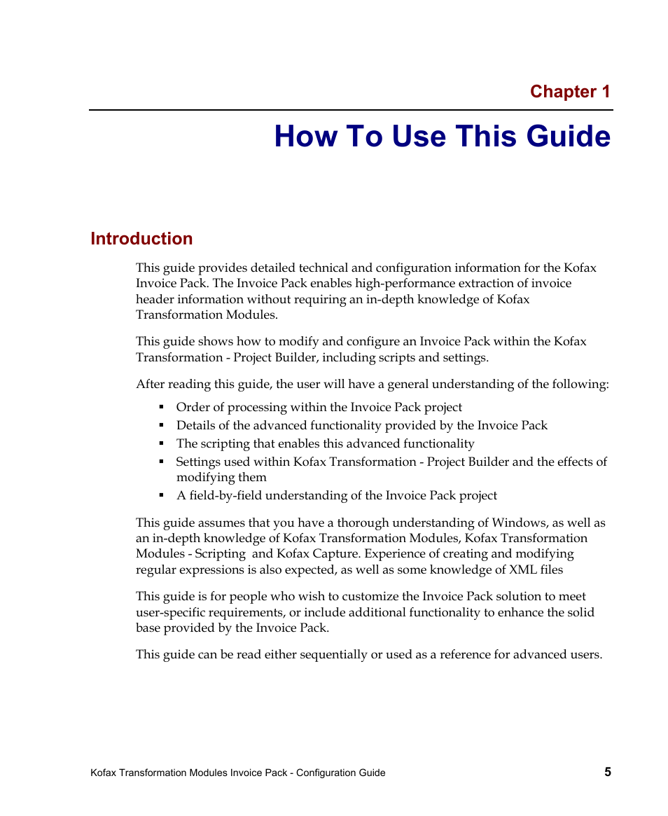 How to use this guide, Chapter 1, Introduction | Kofax Transformation Modules Invoice Pack 1.0 User Manual | Page 5 / 26