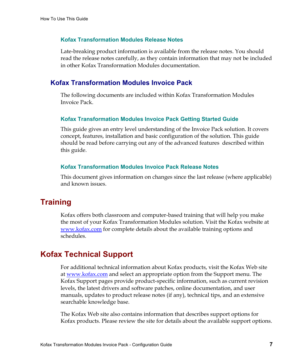 Kofax transformation modules release notes, Kofax transformation modules invoice pack, Training | Kofax technical support | Kofax Transformation Modules Invoice Pack 1.0 User Manual | Page 7 / 26