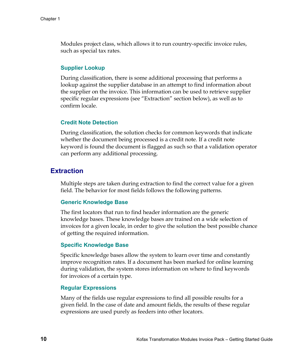 Supplier lookup, Credit note detection, Extraction | Kofax Transformation Modules Invoice Pack 1.0 User Manual | Page 10 / 29