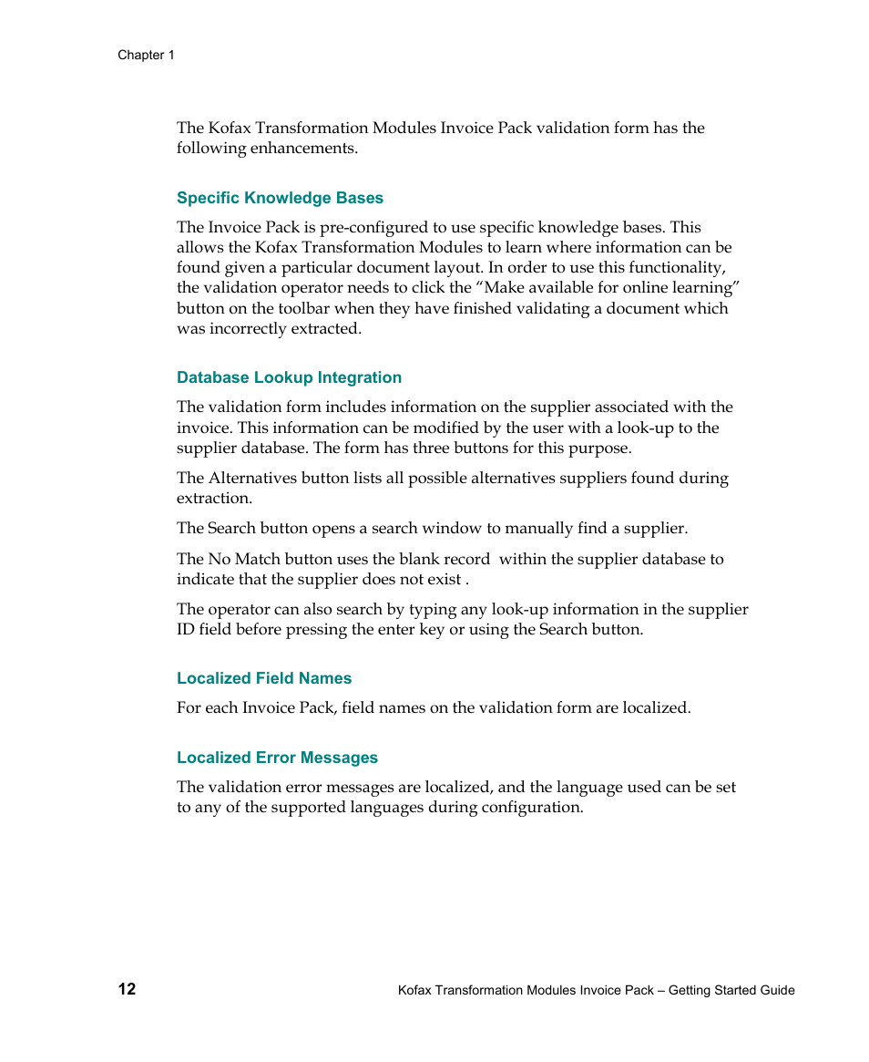 Specific knowledge bases, Database lookup integration, Localized field names | Localized error messages | Kofax Transformation Modules Invoice Pack 1.0 User Manual | Page 12 / 29