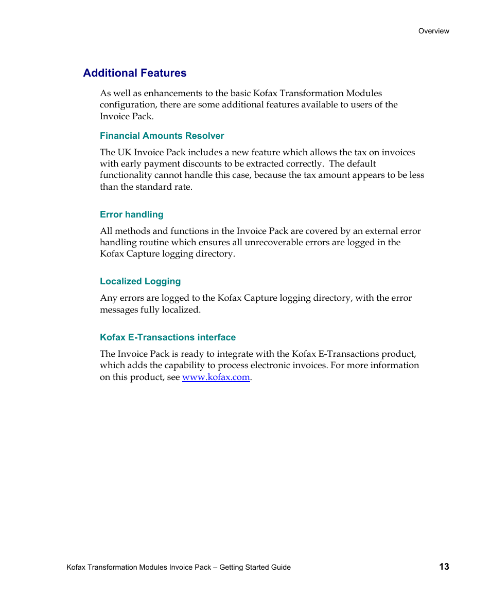 Additional features, Error handling, Localized logging | Kofax e-transactions interface | Kofax Transformation Modules Invoice Pack 1.0 User Manual | Page 13 / 29