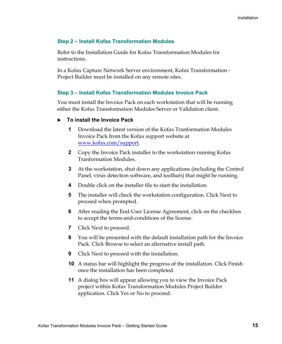 Step 2 – install kofax transformation modules | Kofax Transformation Modules Invoice Pack 1.0 User Manual | Page 15 / 29