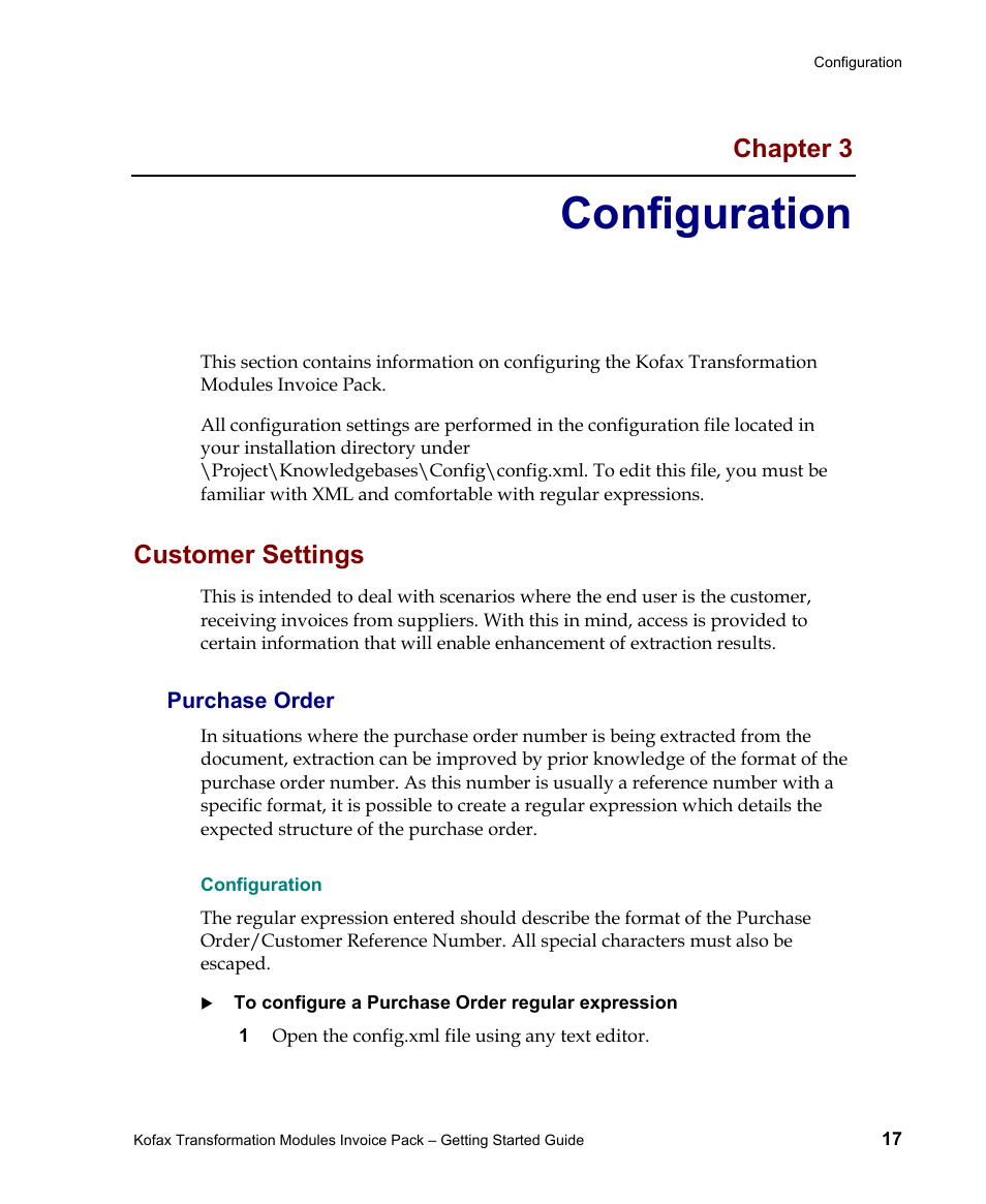 Purchase order, Configuration, Chapter 3 | Customer settings | Kofax Transformation Modules Invoice Pack 1.0 User Manual | Page 17 / 29