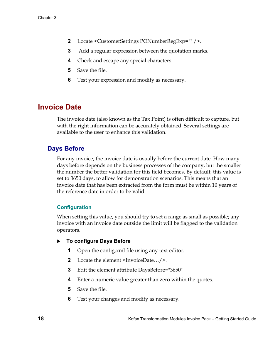 Days before, Configuration, Invoice date | Kofax Transformation Modules Invoice Pack 1.0 User Manual | Page 18 / 29