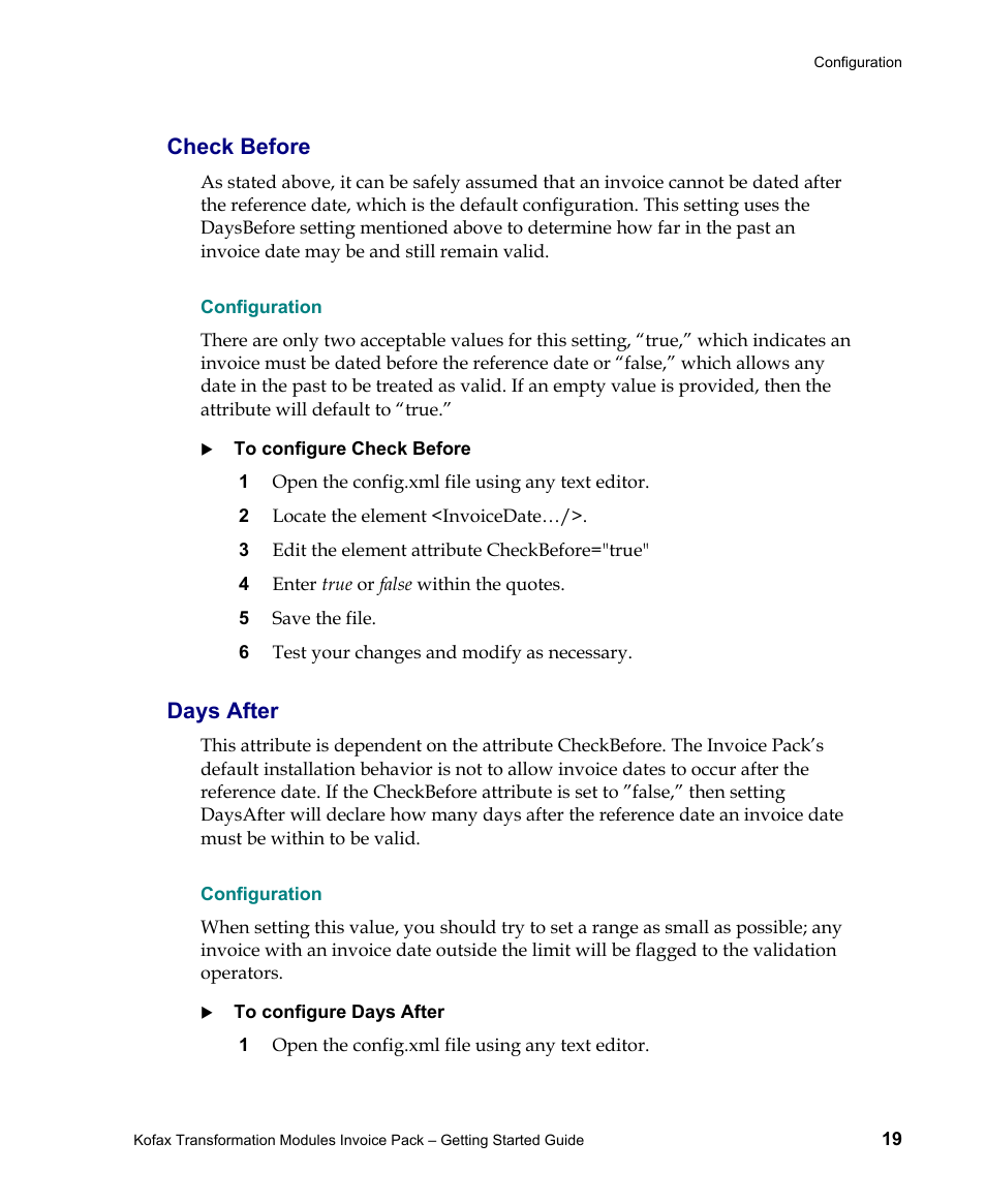 Check before, Configuration, Days after | Kofax Transformation Modules Invoice Pack 1.0 User Manual | Page 19 / 29