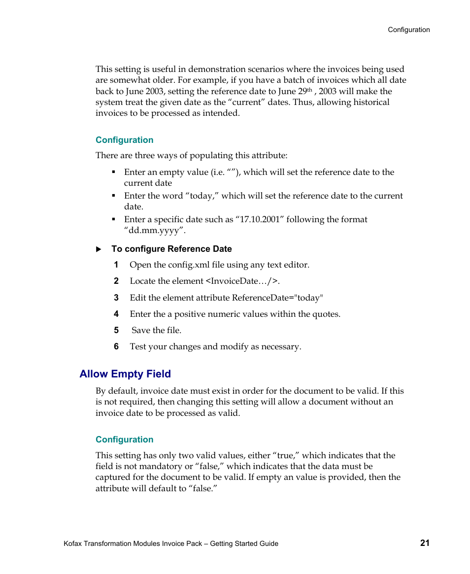 Configuration, Allow empty field | Kofax Transformation Modules Invoice Pack 1.0 User Manual | Page 21 / 29