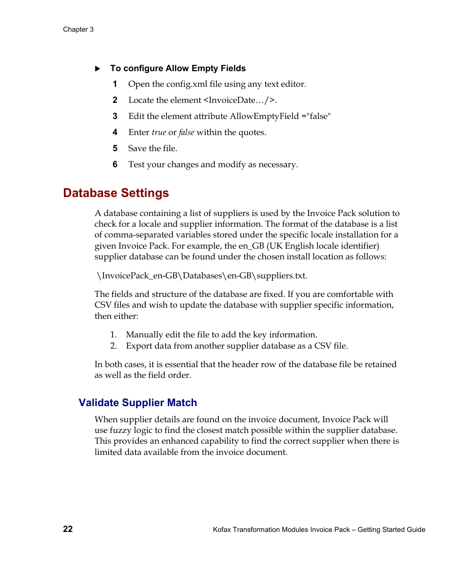 Validate supplier match, Database settings | Kofax Transformation Modules Invoice Pack 1.0 User Manual | Page 22 / 29