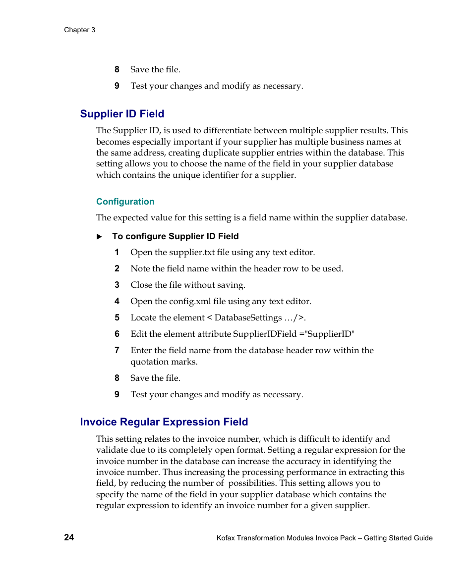 Supplier id field, Configuration, Invoice regular expression field | Kofax Transformation Modules Invoice Pack 1.0 User Manual | Page 24 / 29