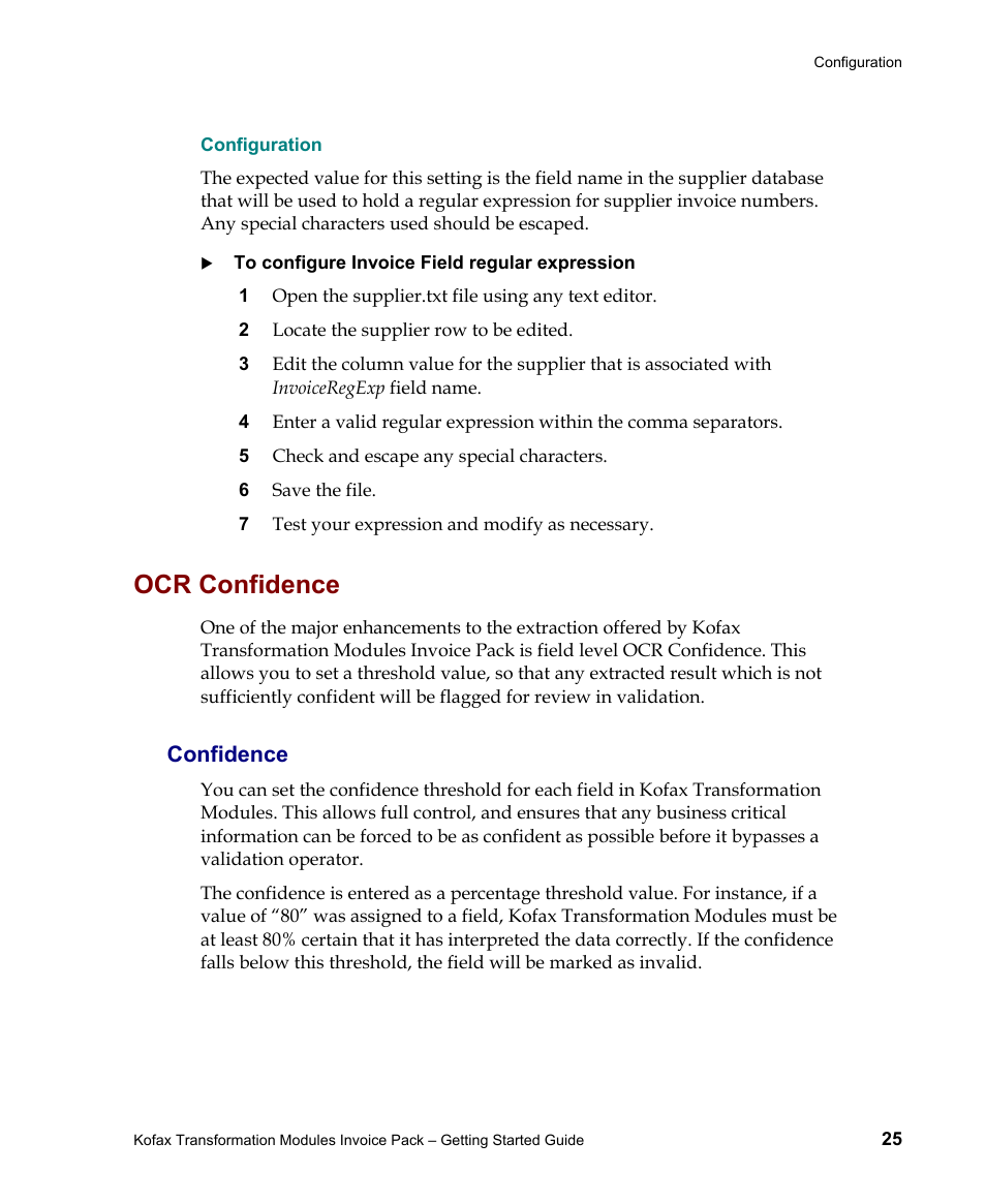 Configuration, Confidence, Ocr confidence | Kofax Transformation Modules Invoice Pack 1.0 User Manual | Page 25 / 29