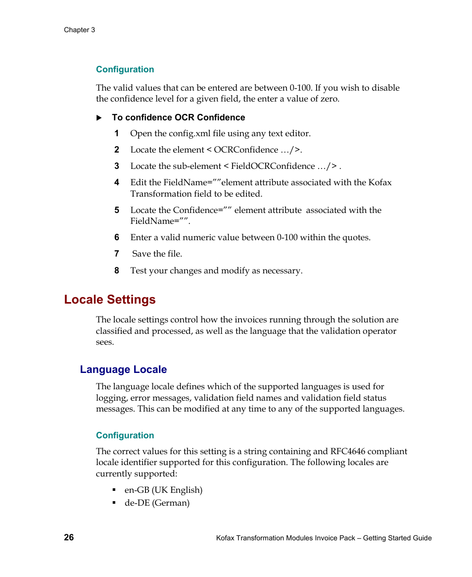 Configuration, Language locale, Locale settings | Kofax Transformation Modules Invoice Pack 1.0 User Manual | Page 26 / 29