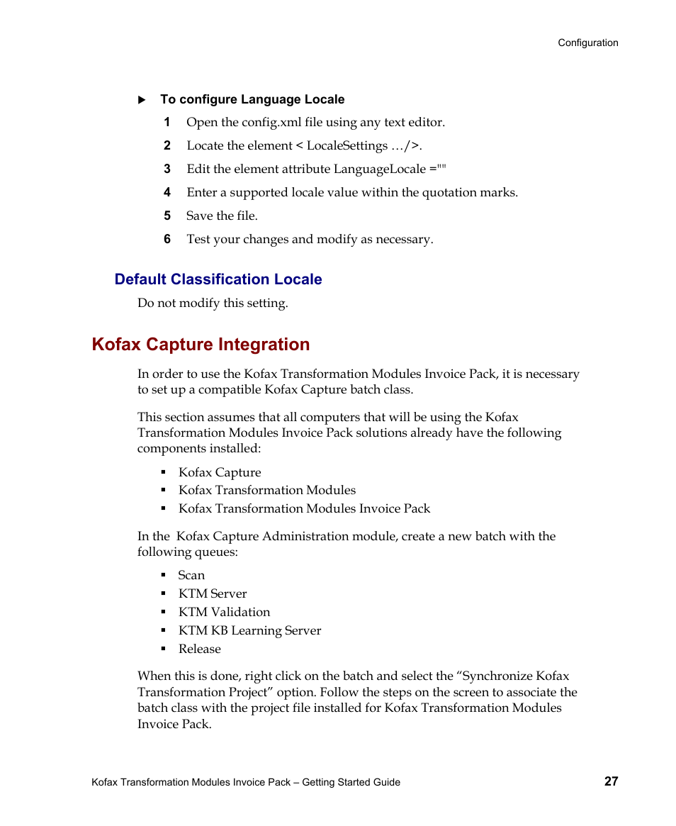 Default classification locale, Kofax capture integration | Kofax Transformation Modules Invoice Pack 1.0 User Manual | Page 27 / 29