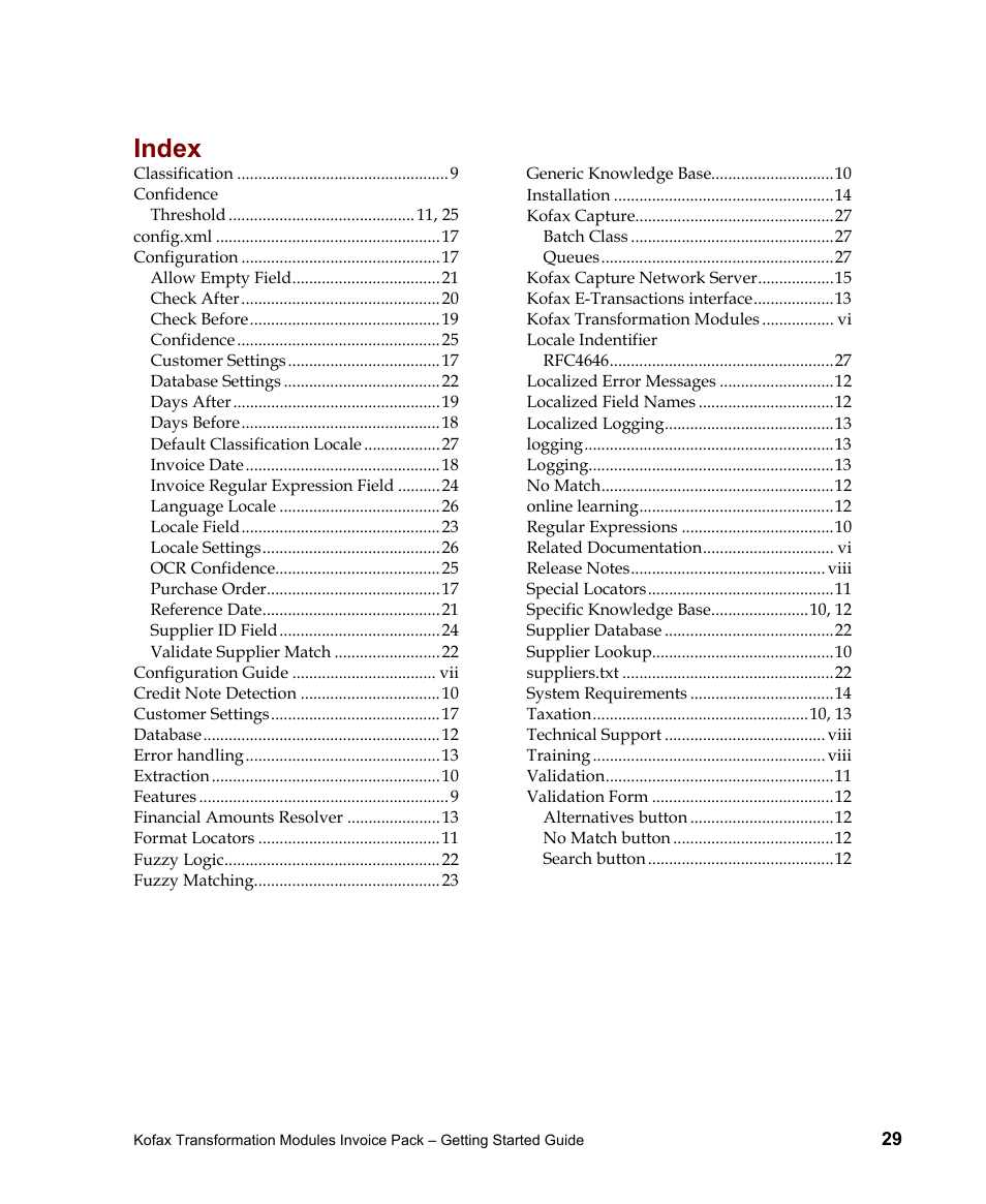 Index | Kofax Transformation Modules Invoice Pack 1.0 User Manual | Page 29 / 29