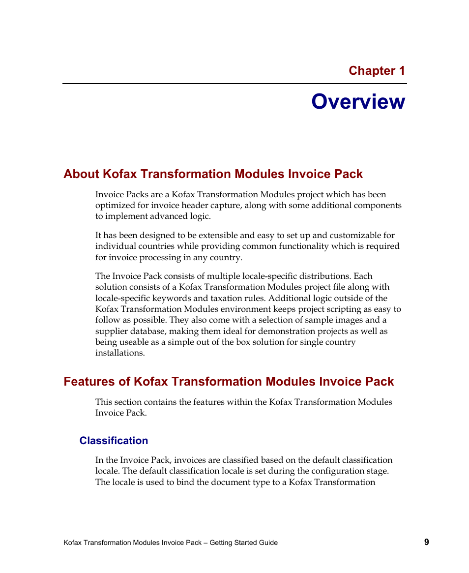 Classification, Overview, Chapter 1 | About kofax transformation modules invoice pack | Kofax Transformation Modules Invoice Pack 1.0 User Manual | Page 9 / 29