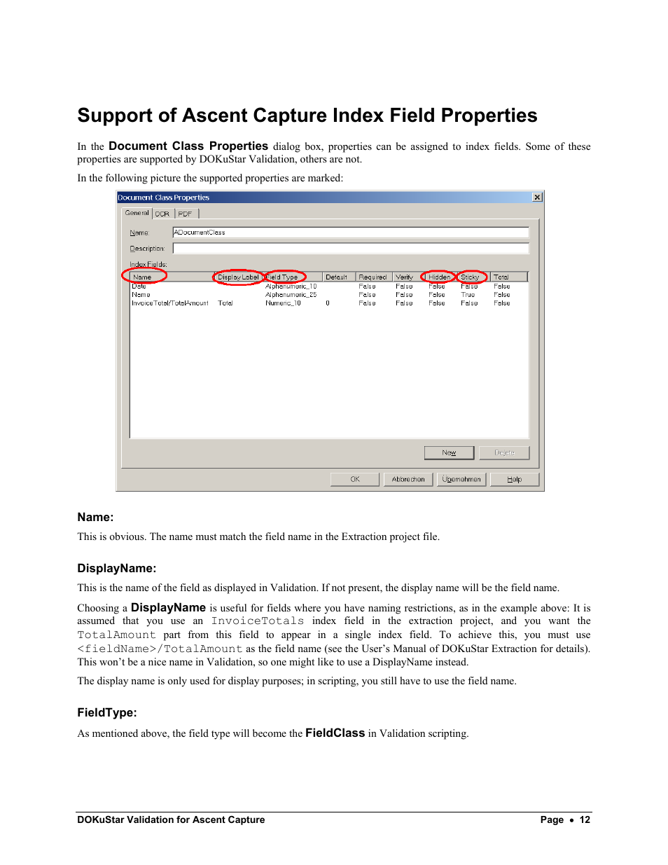 Support of ascent capture index field properties | Kofax DOKuStar Validation User Manual | Page 16 / 109