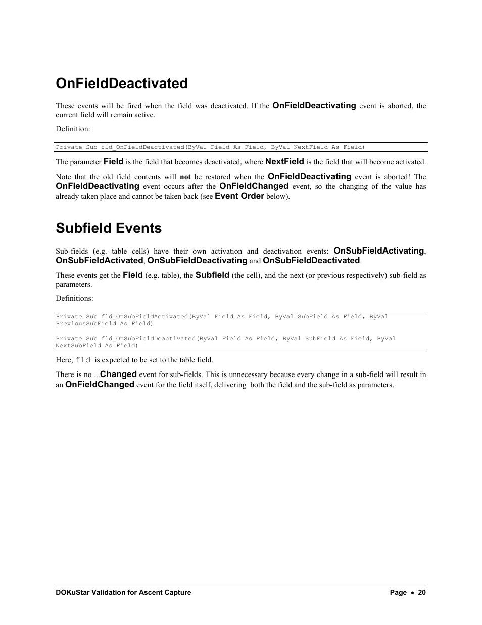 Onfielddeactivated, Subfield events | Kofax DOKuStar Validation User Manual | Page 24 / 109