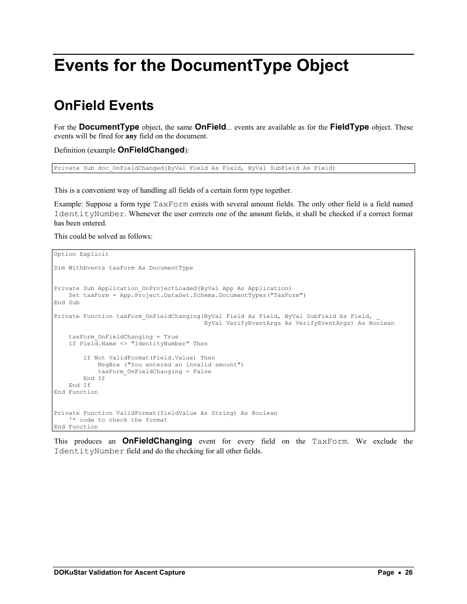 Events for the documenttype object, Onfield events | Kofax DOKuStar Validation User Manual | Page 30 / 109