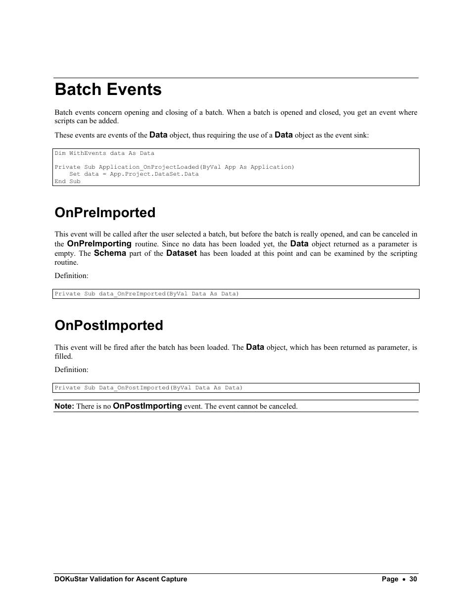 Batch events, Onpreimported, Onpostimported | Kofax DOKuStar Validation User Manual | Page 34 / 109