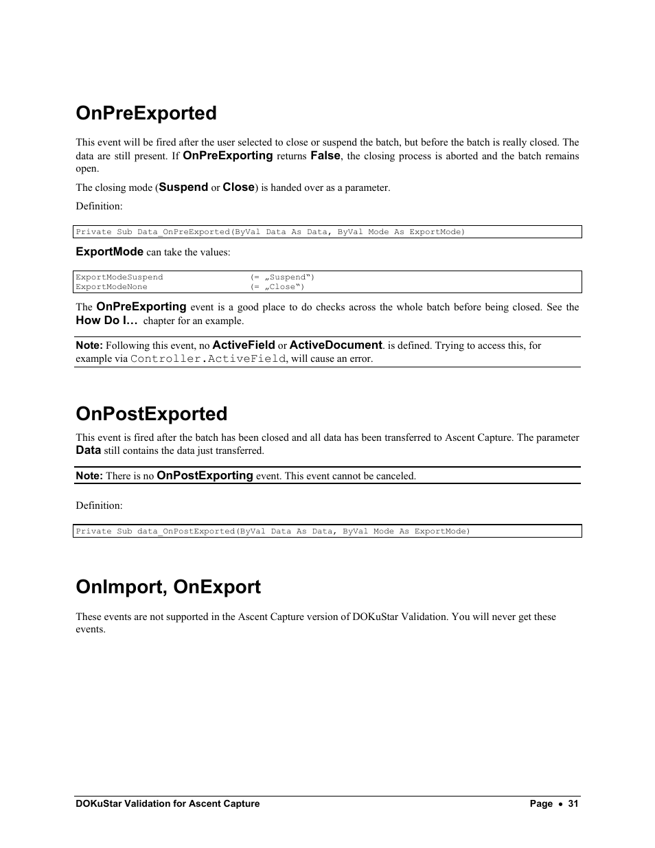 Onpreexported, Onpostexported, Onimport, onexport | Kofax DOKuStar Validation User Manual | Page 35 / 109