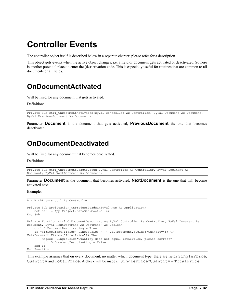 Controller events, Ondocumentactivated, Ondocumentdeactivated | Kofax DOKuStar Validation User Manual | Page 36 / 109