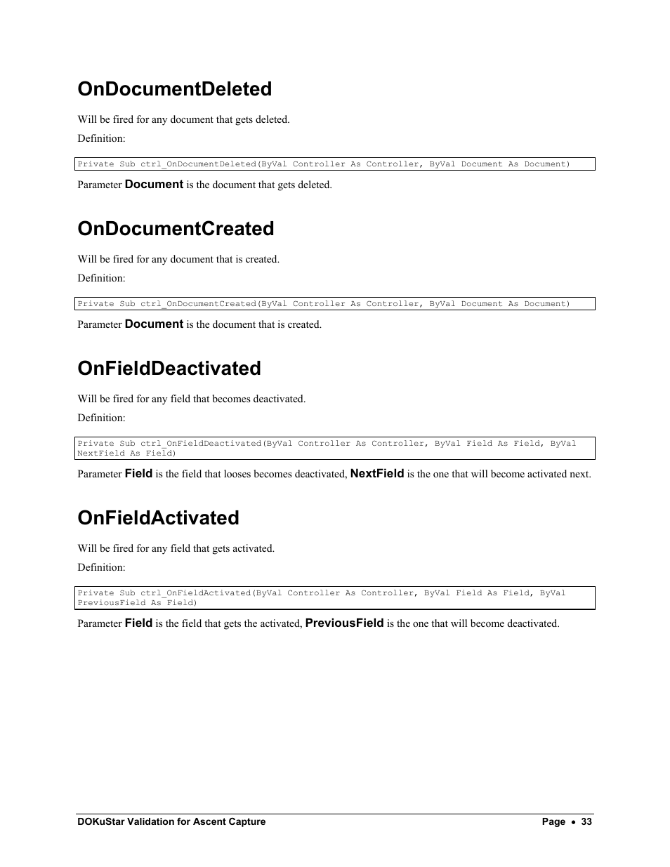 Ondocumentdeleted, Ondocumentcreated, Onfielddeactivated | Onfieldactivated | Kofax DOKuStar Validation User Manual | Page 37 / 109