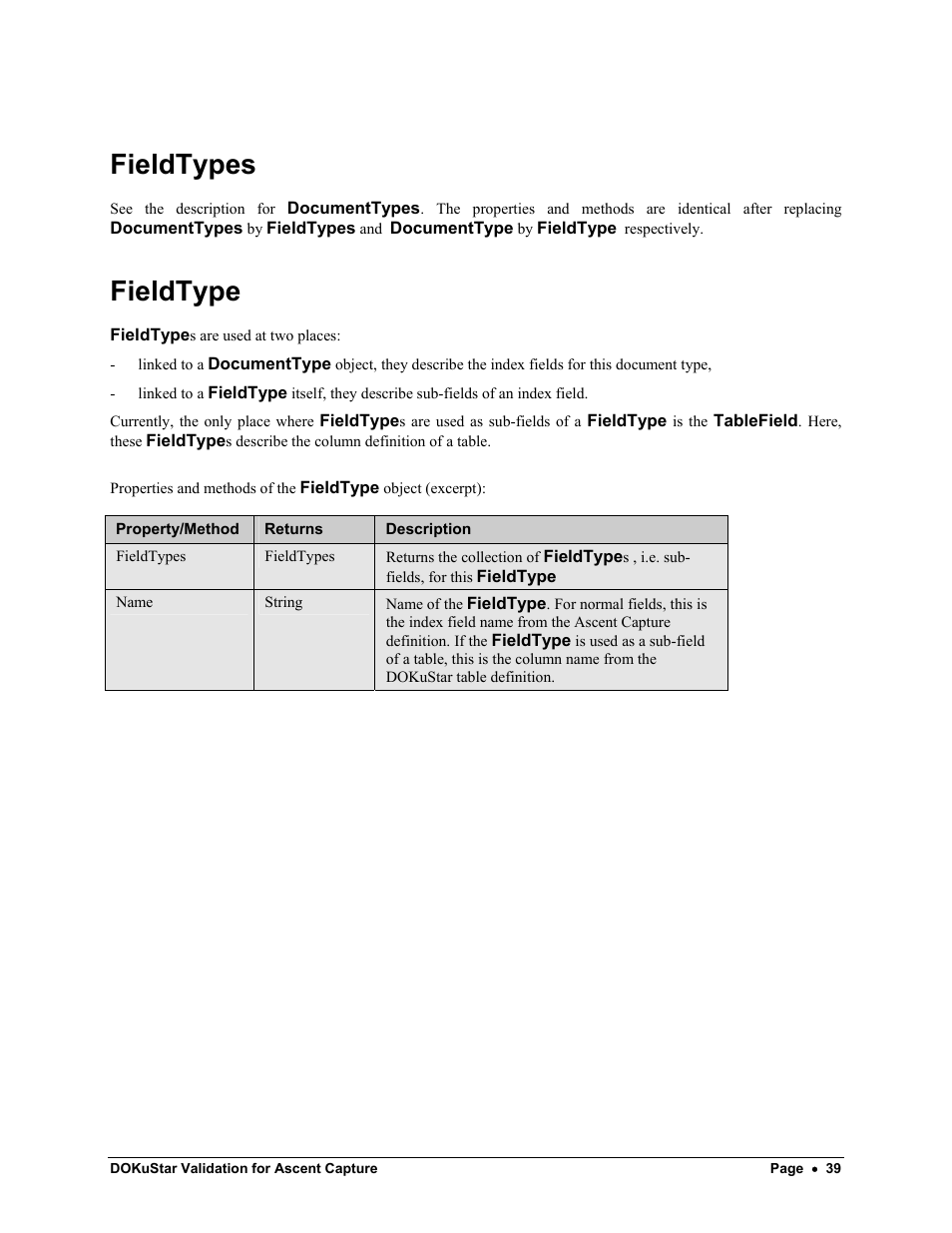 Fieldtypes, Fieldtype | Kofax DOKuStar Validation User Manual | Page 43 / 109