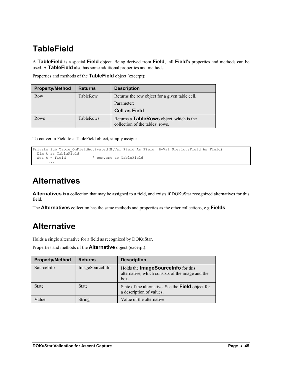 Tablefield, Alternatives, Alternative | Kofax DOKuStar Validation User Manual | Page 49 / 109