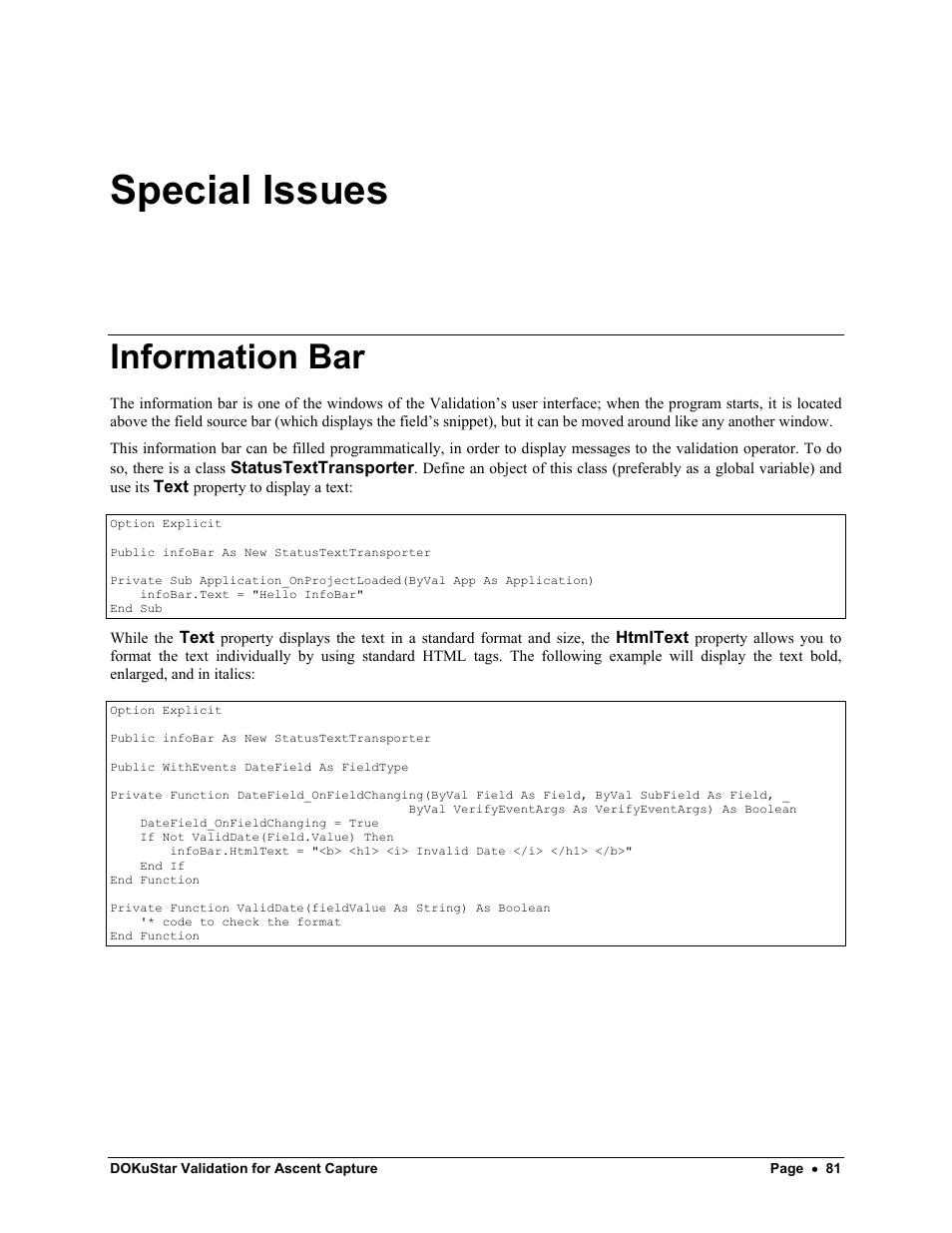 Special issues, Information bar | Kofax DOKuStar Validation User Manual | Page 85 / 109