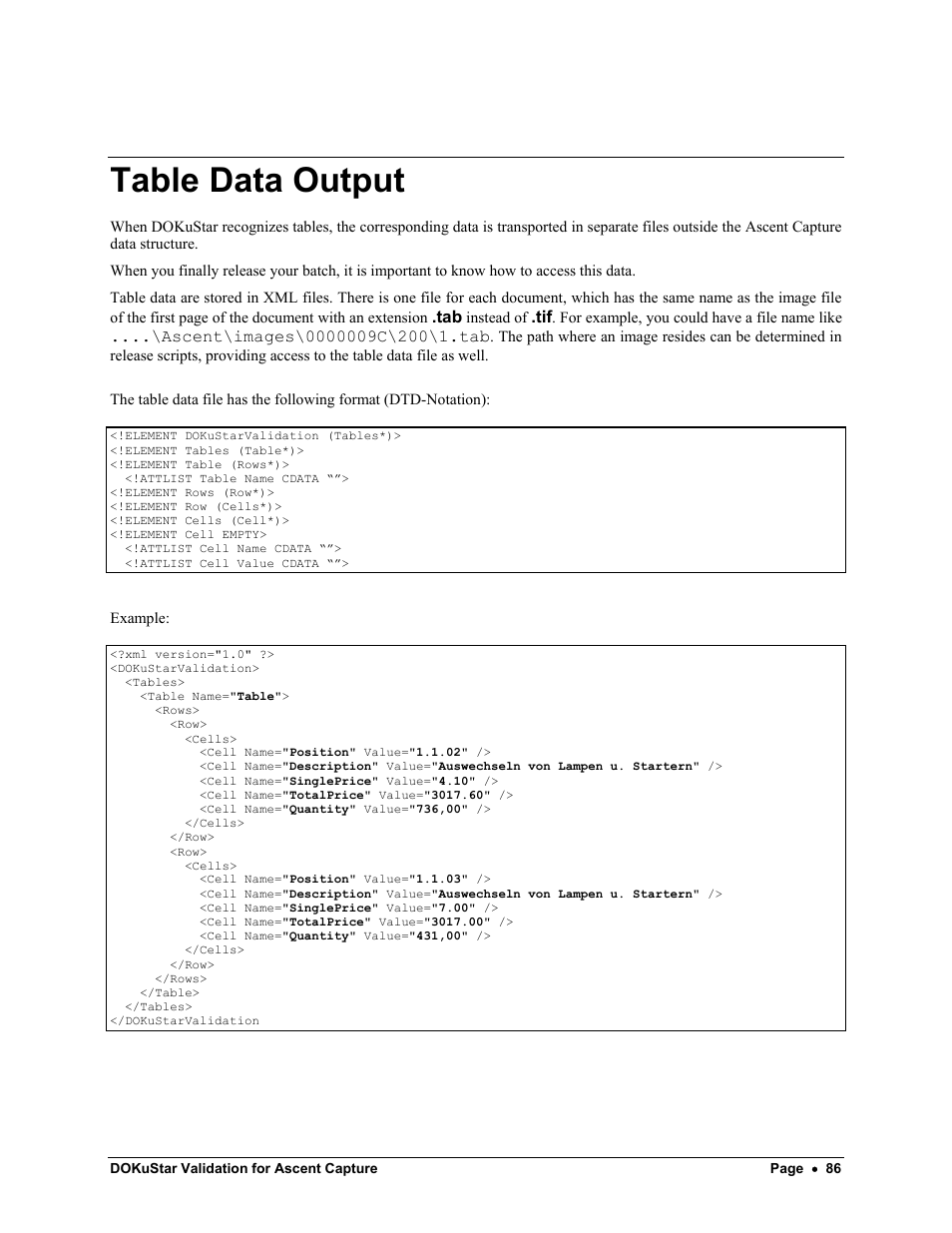 Table data output | Kofax DOKuStar Validation User Manual | Page 90 / 109