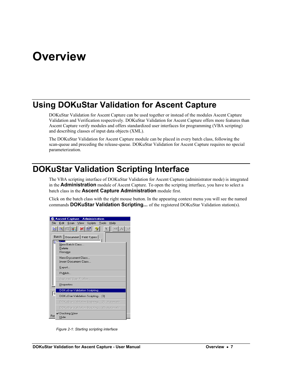 Overview, Using dokustar validation for ascent capture, Dokustar validation scripting interface | Kofax DOKuStar Validation User Manual | Page 11 / 32