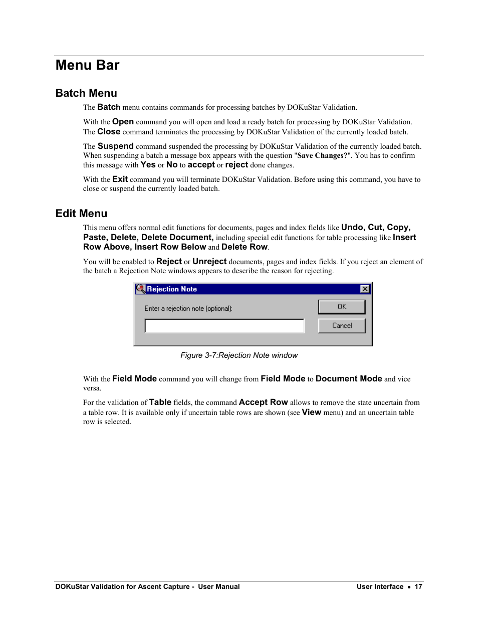 Menu bar, Batch menu, Edit menu | Kofax DOKuStar Validation User Manual | Page 21 / 32