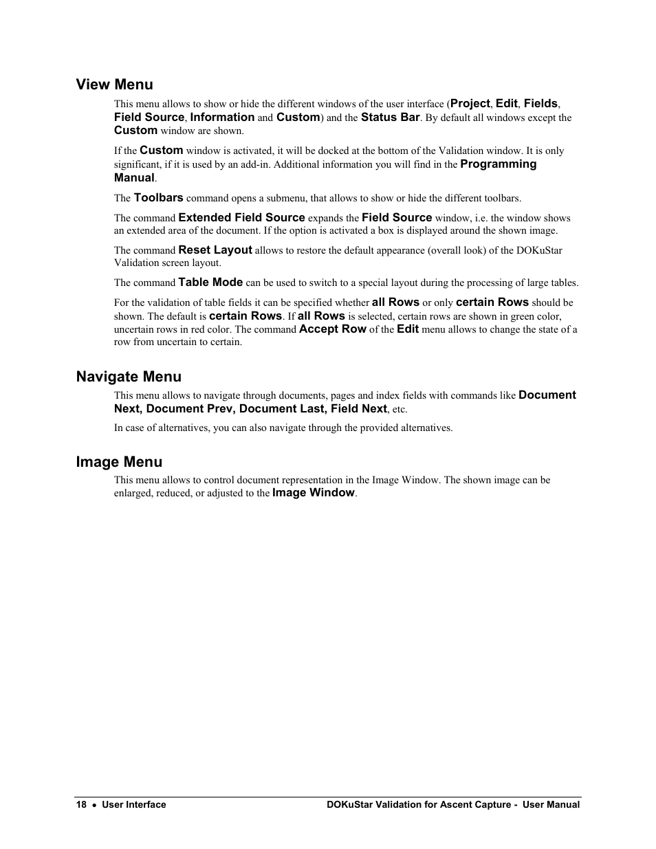 View menu, Navigate menu, Image menu | Kofax DOKuStar Validation User Manual | Page 22 / 32