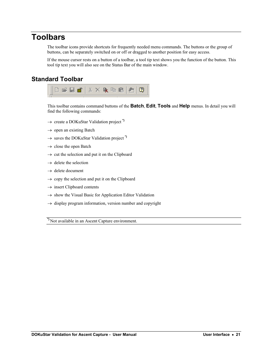 Toolbars, Standard toolbar | Kofax DOKuStar Validation User Manual | Page 25 / 32