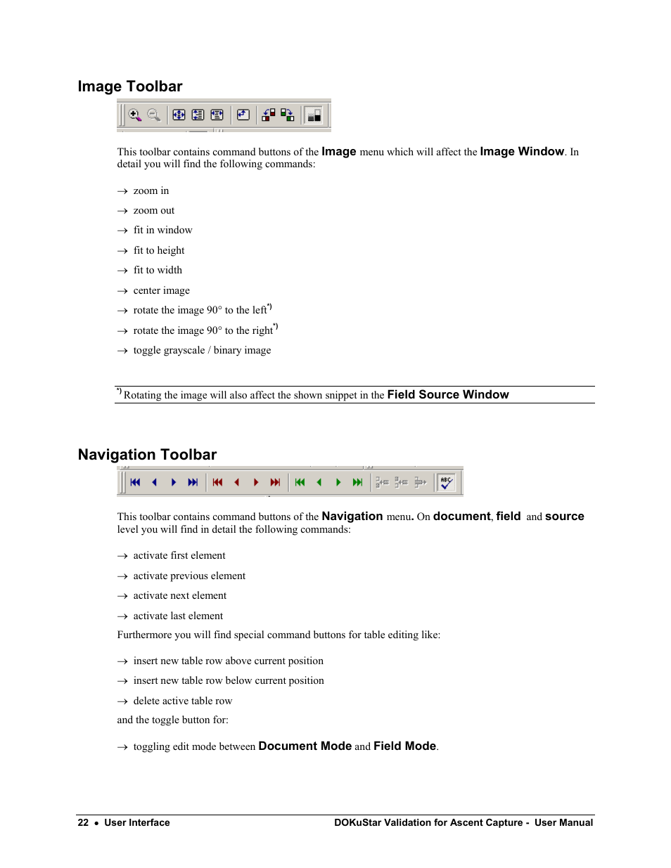 Image toolbar, Navigation toolbar | Kofax DOKuStar Validation User Manual | Page 26 / 32