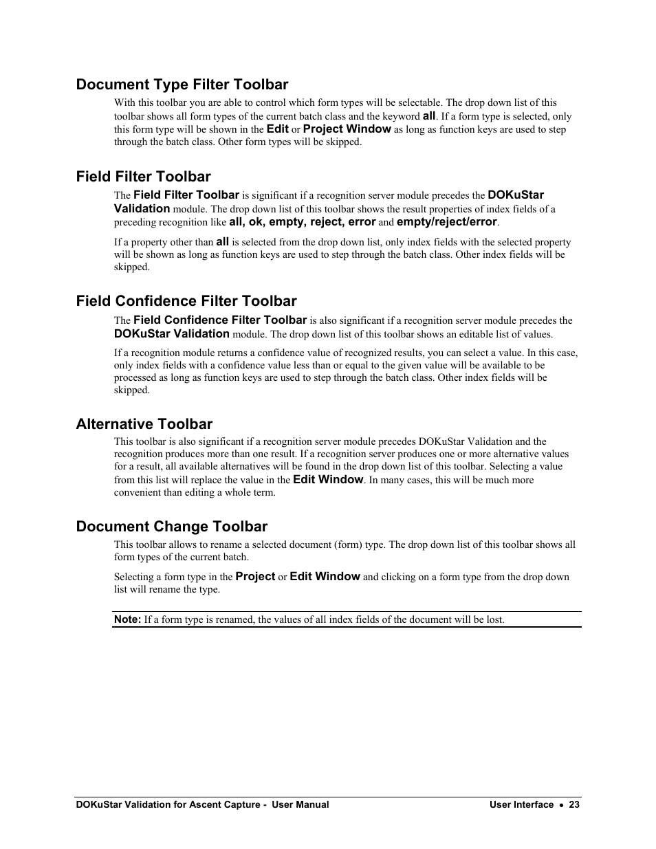 Document type filter toolbar, Field filter toolbar, Field confidence filter toolbar | Alternative toolbar, Document change toolbar | Kofax DOKuStar Validation User Manual | Page 27 / 32