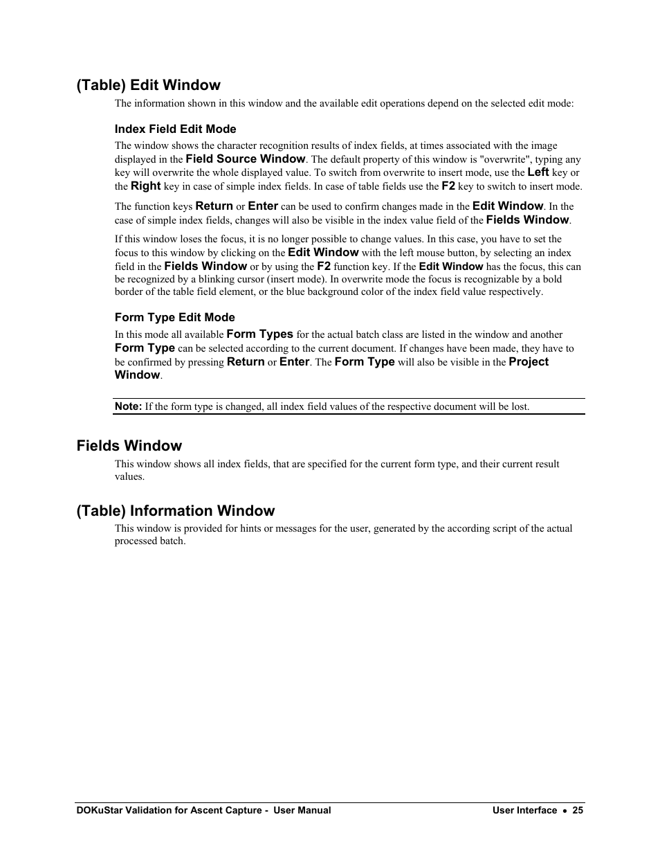 Table) edit window, Index field edit mode, Form type edit mode | Fields window, Table) information window | Kofax DOKuStar Validation User Manual | Page 29 / 32