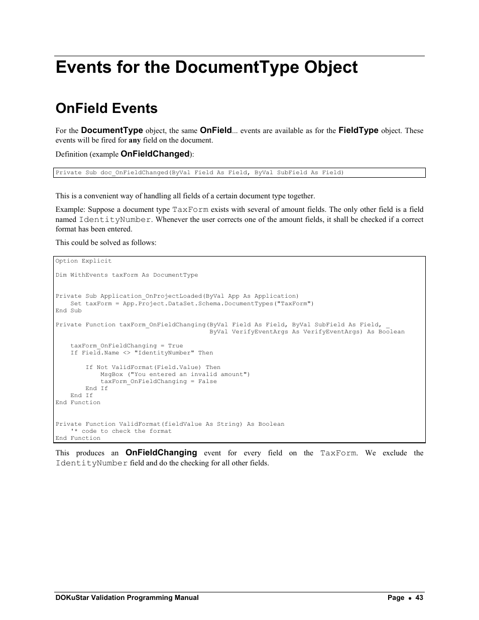 Events for the documenttype object, Onfield events | Kofax DOKuStar Validation User Manual | Page 47 / 118