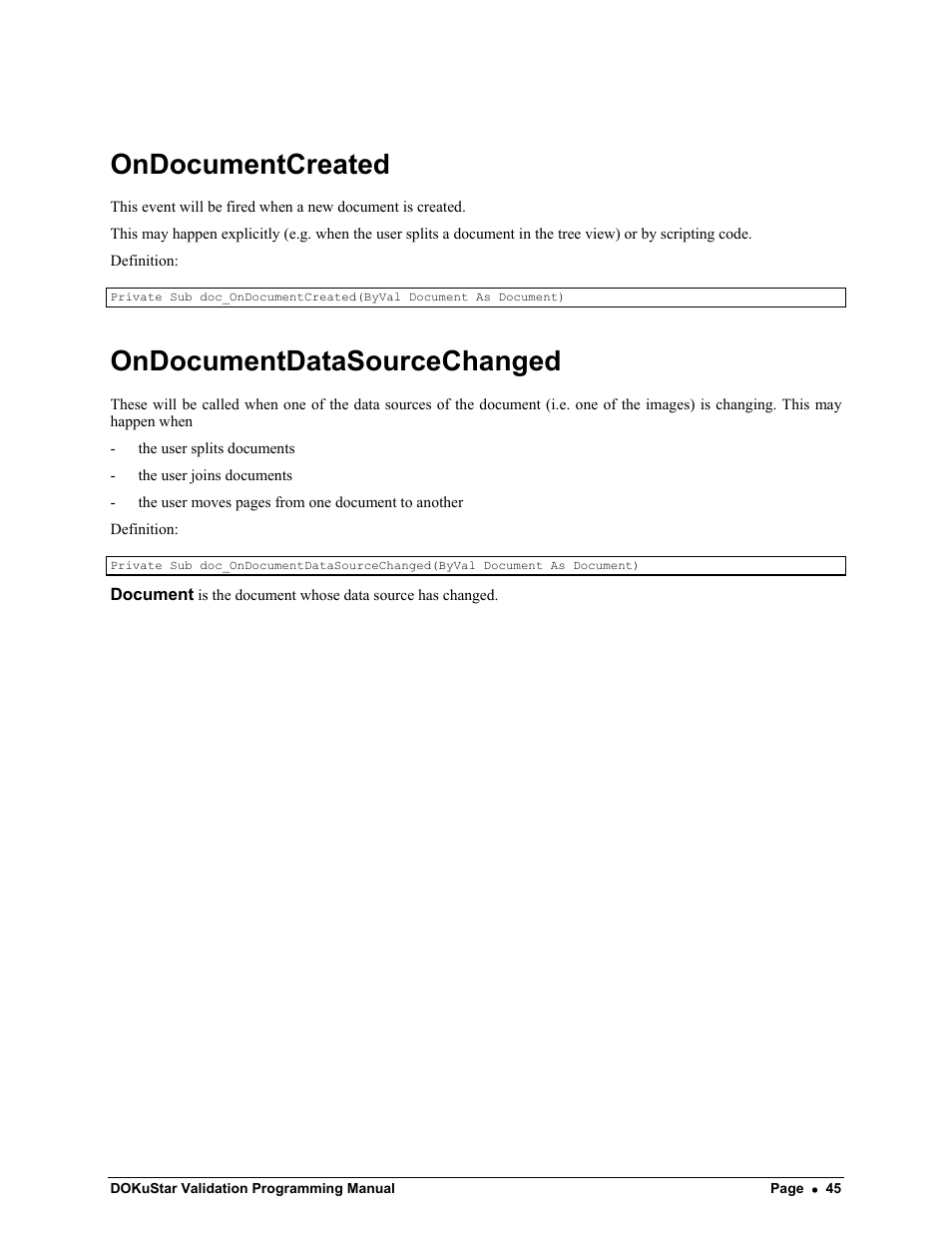 Ondocumentcreated, Ondocumentdatasourcechanged | Kofax DOKuStar Validation User Manual | Page 49 / 118